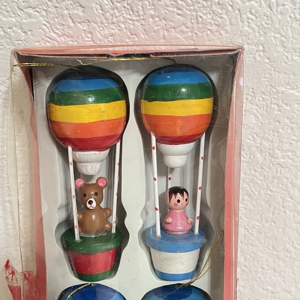 Vintage Wooden Rainbow Hot Air Balloon Ornaments Santa Snowman Bear Set of 4